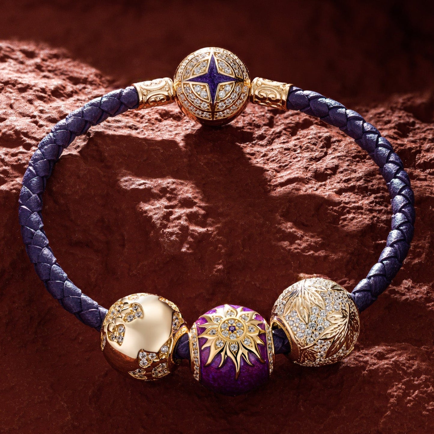 Blooming Mulberry Purple Tarnish-resistant Silver Charms Bracelet Set With Enamel In 14K Gold Plated (Includes bracelet and all charms shown)