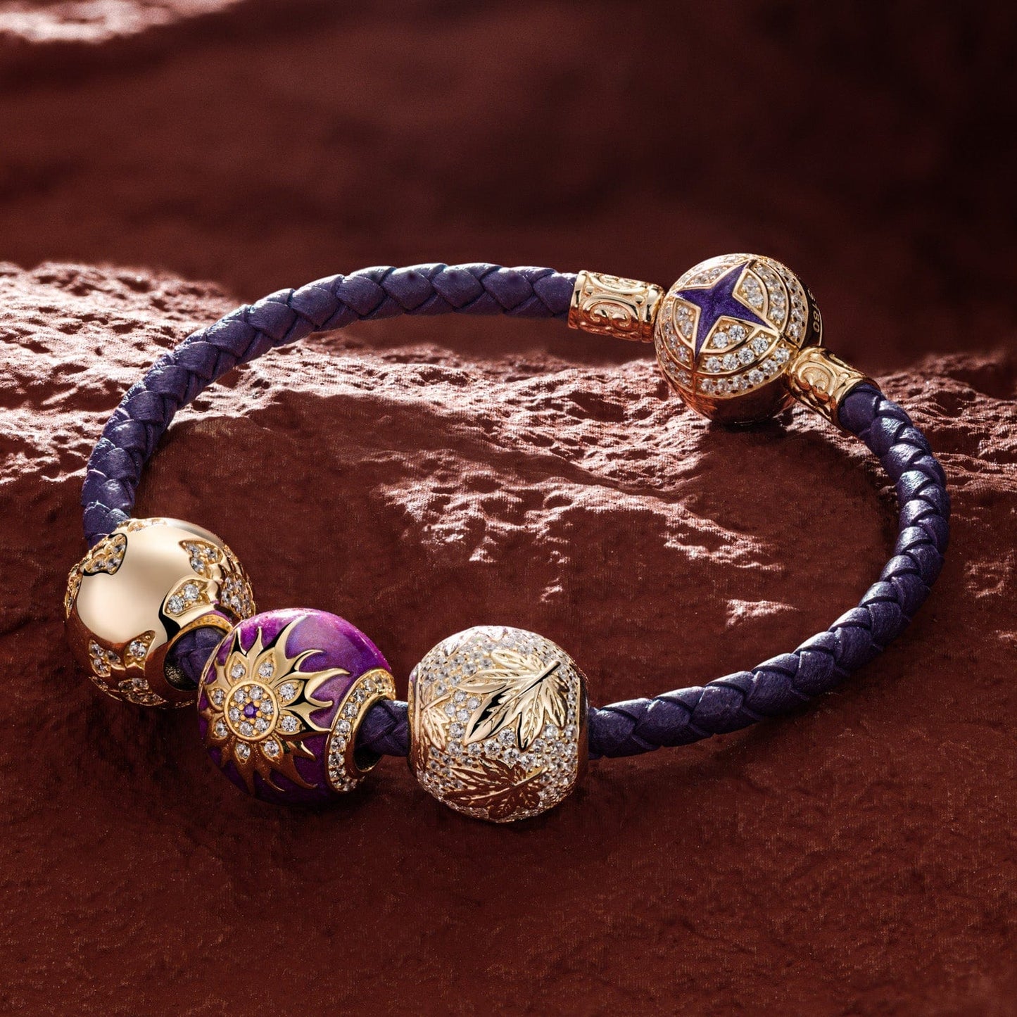 Blooming Mulberry Purple Tarnish-resistant Silver Charms Bracelet Set With Enamel In 14K Gold Plated