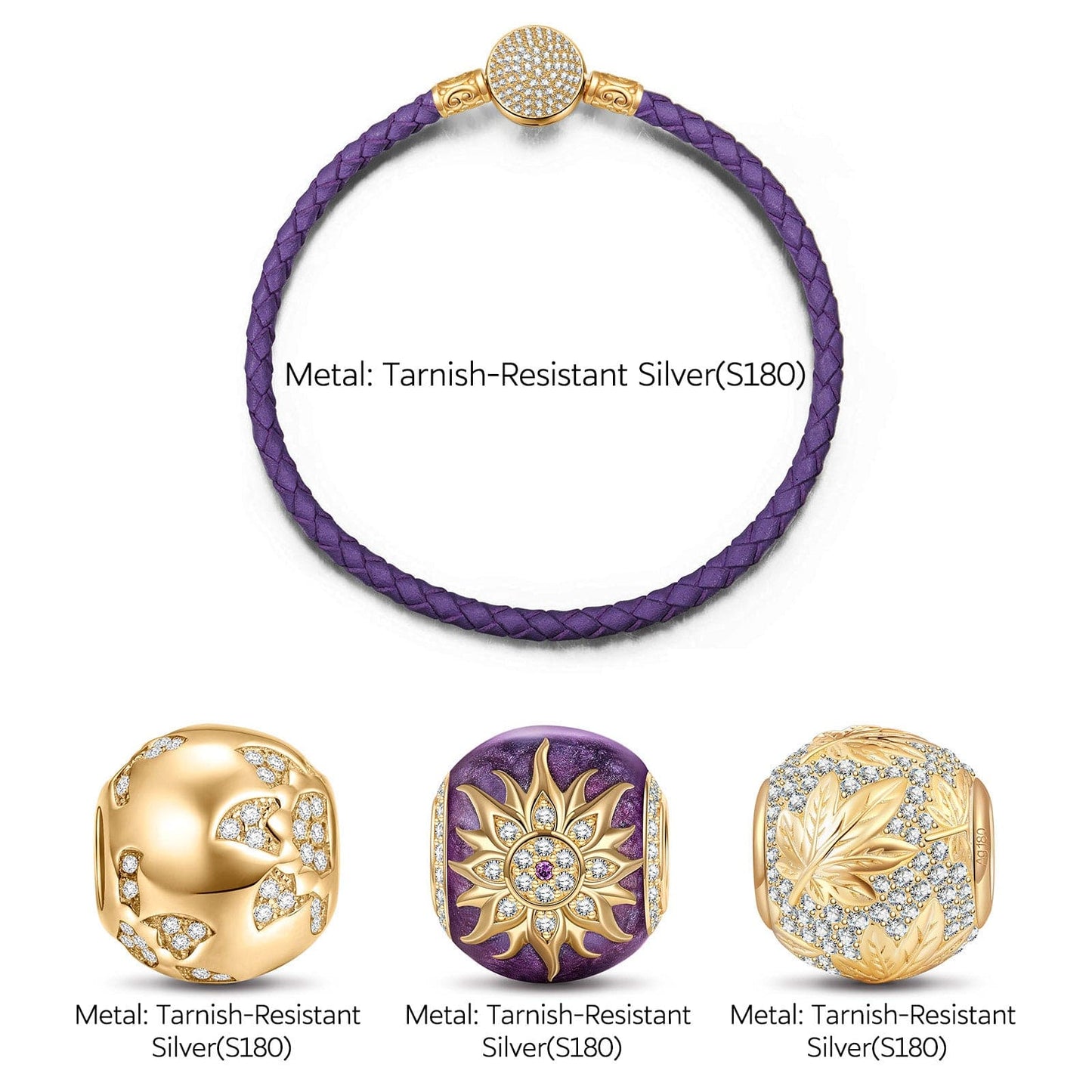 Blooming Mulberry Purple Tarnish-resistant Silver Charms Bracelet Set With Enamel In 14K Gold Plated (Includes bracelet and all charms shown)