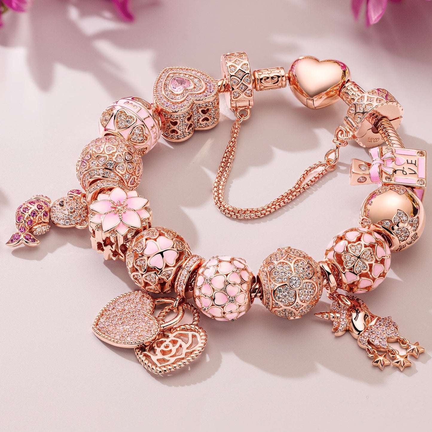 Fantasy Island Tarnish-resistant Silver Charms Bracelet Set With Enamel In Rose Gold Plated (Includes bracelet and all charms shown)