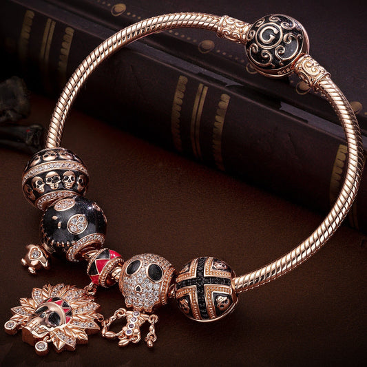 gona- Skeleton Tribe Tarnish-resistant Silver Charms Bracelet Set With Enamel In Rose Gold Plated (Includes bracelet and all charms shown)