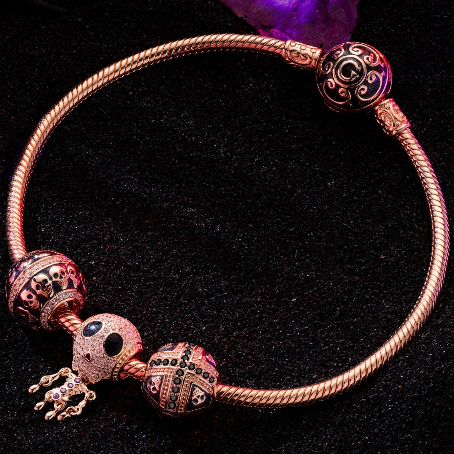 The Skull Mirage Tarnish-resistant Silver Charms Bracelet Set With Enamel In Rose Gold Plated (Includes bracelet and all charms shown)