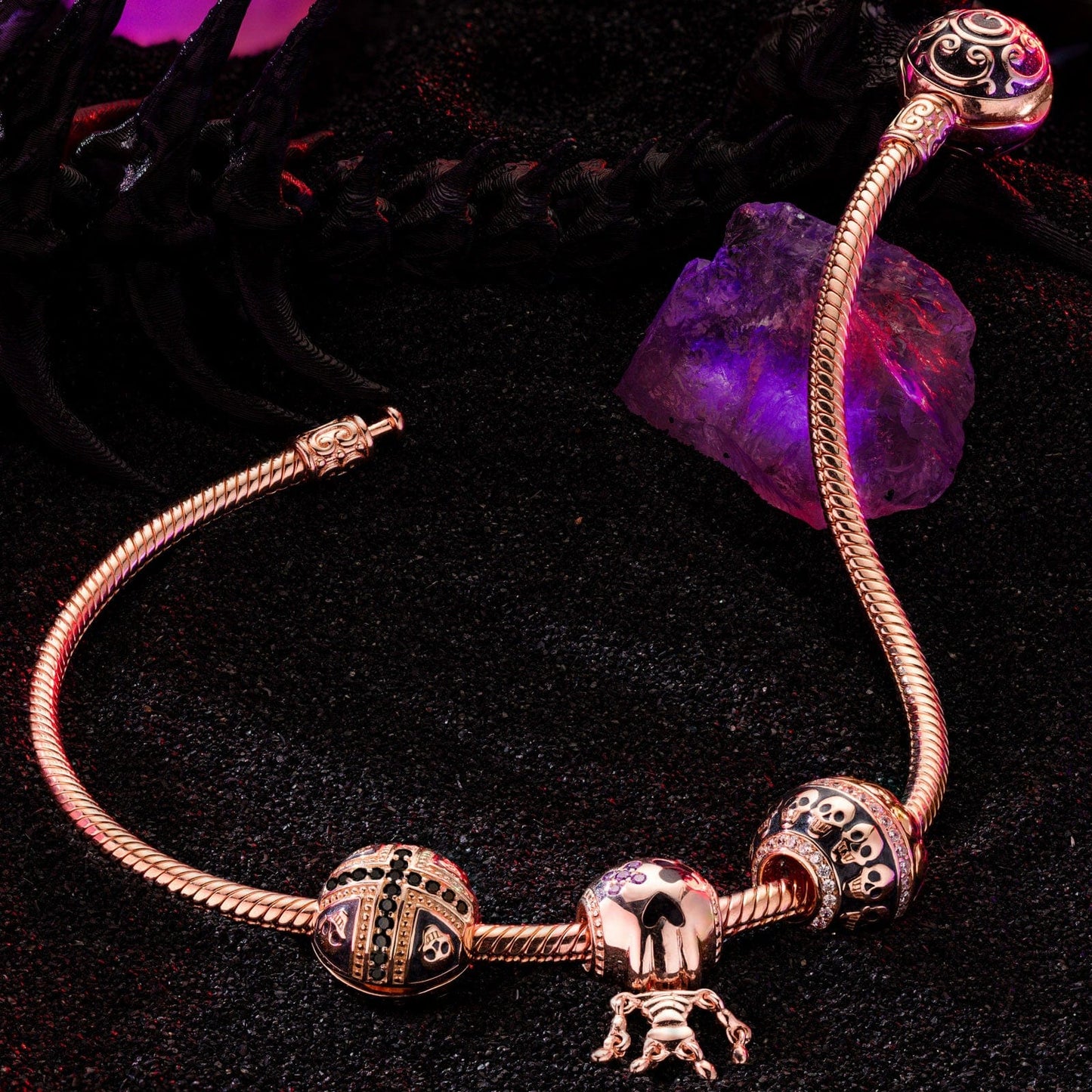 The Skull Mirage Tarnish-resistant Silver Charms Bracelet Set With Enamel In Rose Gold Plated (Includes bracelet and all charms shown)