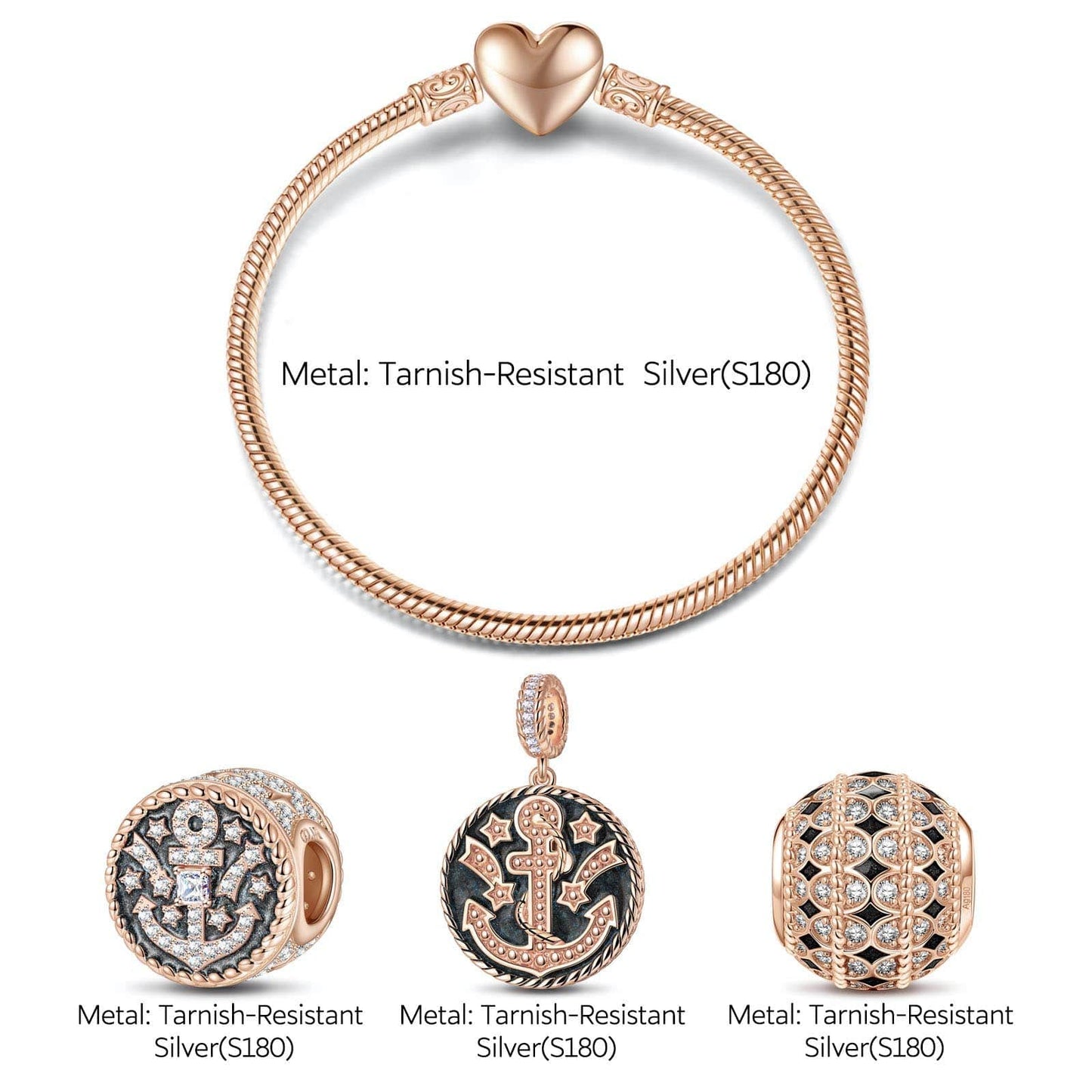 Stars of the Voyage Tarnish-resistant Silver Snake Chain Charms Bracelet Set With Enamel In Rose Gold Plated (Includes bracelet and all charms shown)