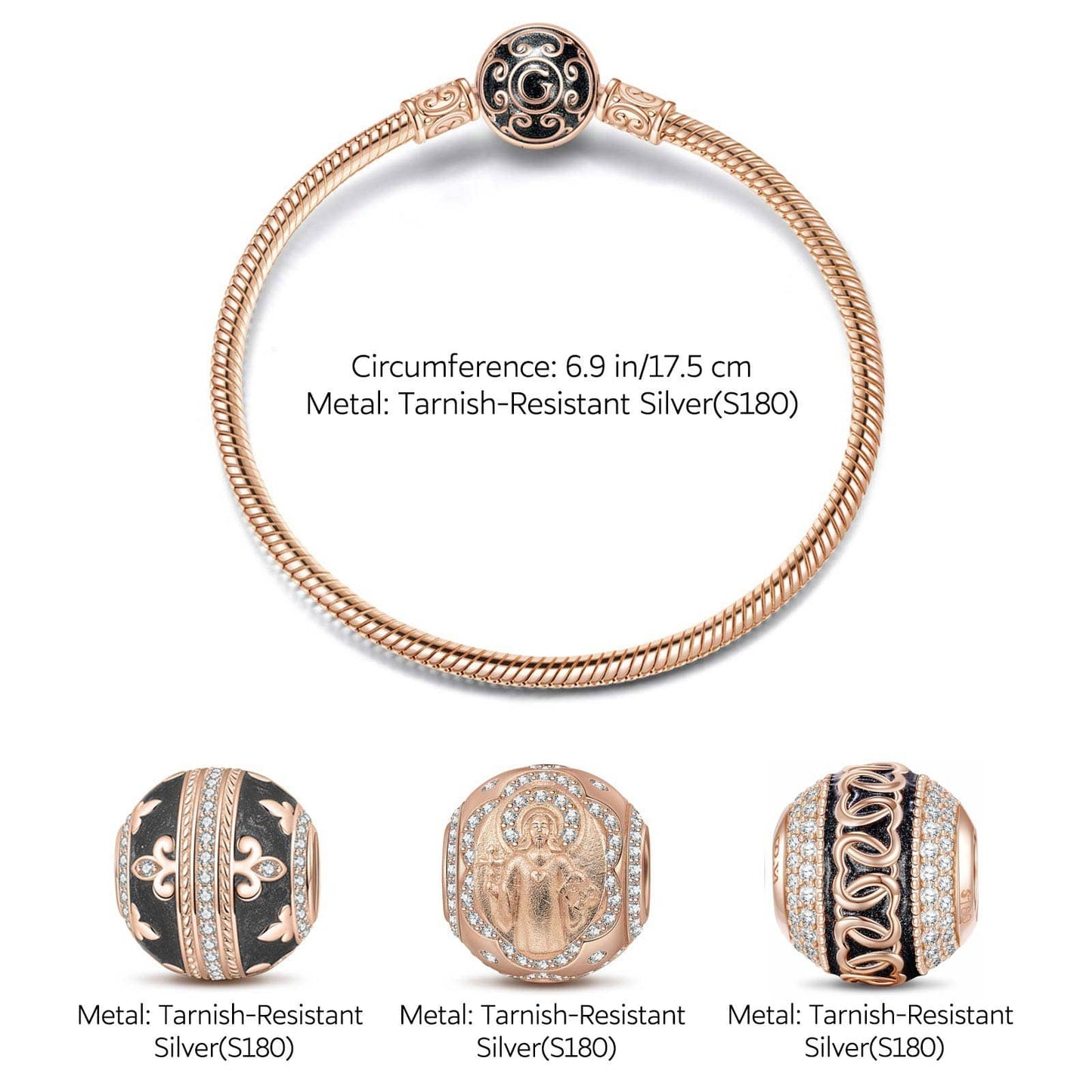Guardian of the Gracious Tarnish-resistant Silver Charms Bracelet Set With Enamel In Rose Gold Plated