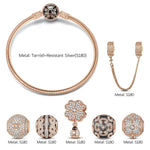 Lucky Four-Leaf Clover Tarnish-resistant Silver Charms Bracelet Set With Enamel In Rose Gold Plated (Includes bracelet and all charms shown)