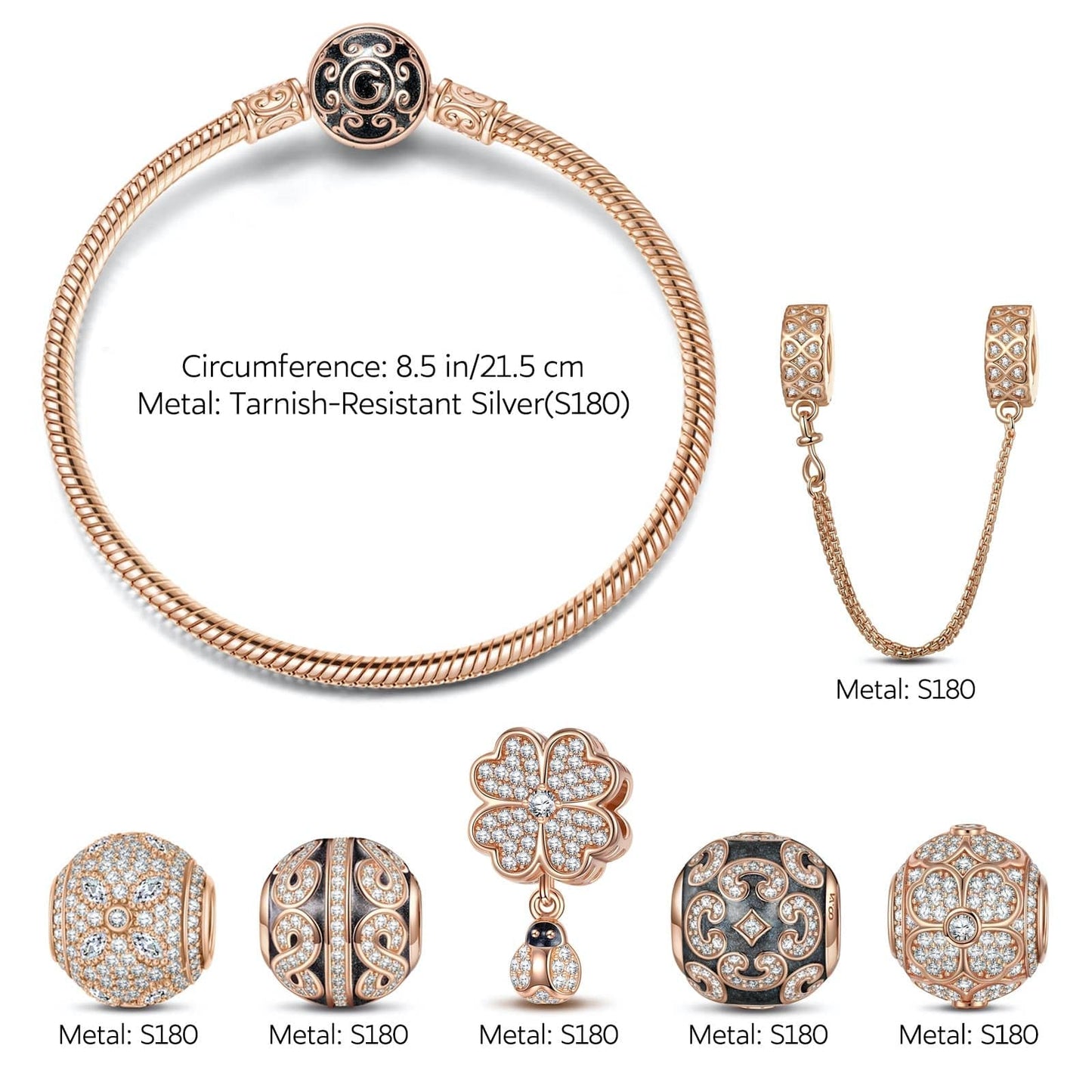 Lucky Four-Leaf Clover Tarnish-resistant Silver Charms Bracelet Set With Enamel In Rose Gold Plated