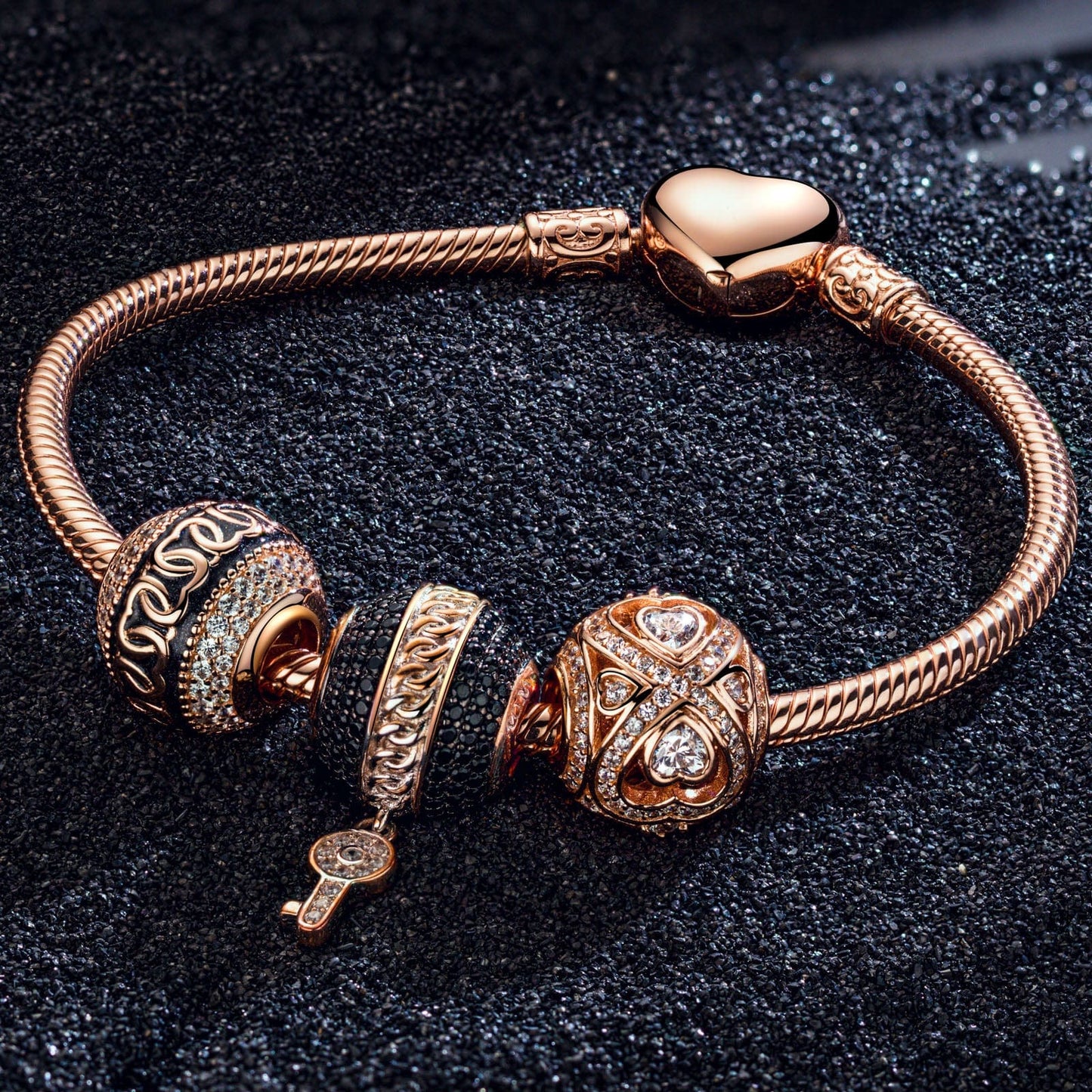 Key to Infinity Tarnish-resistant Silver Charms Bracelet Set With Enamel In Rose Gold Plated