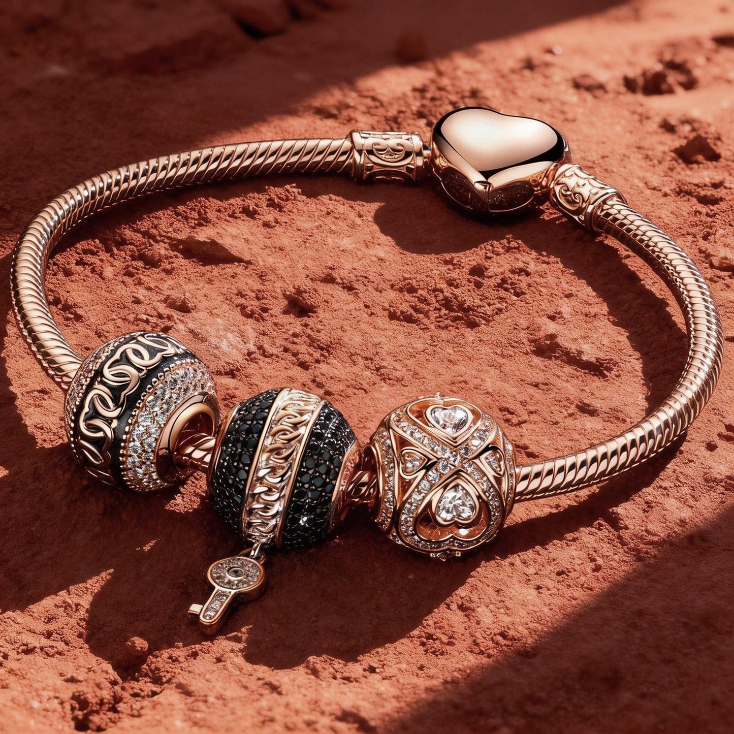 Key to Infinity Tarnish-resistant Silver Charms Bracelet Set With Enamel In Rose Gold Plated (Includes bracelet and all charms shown)