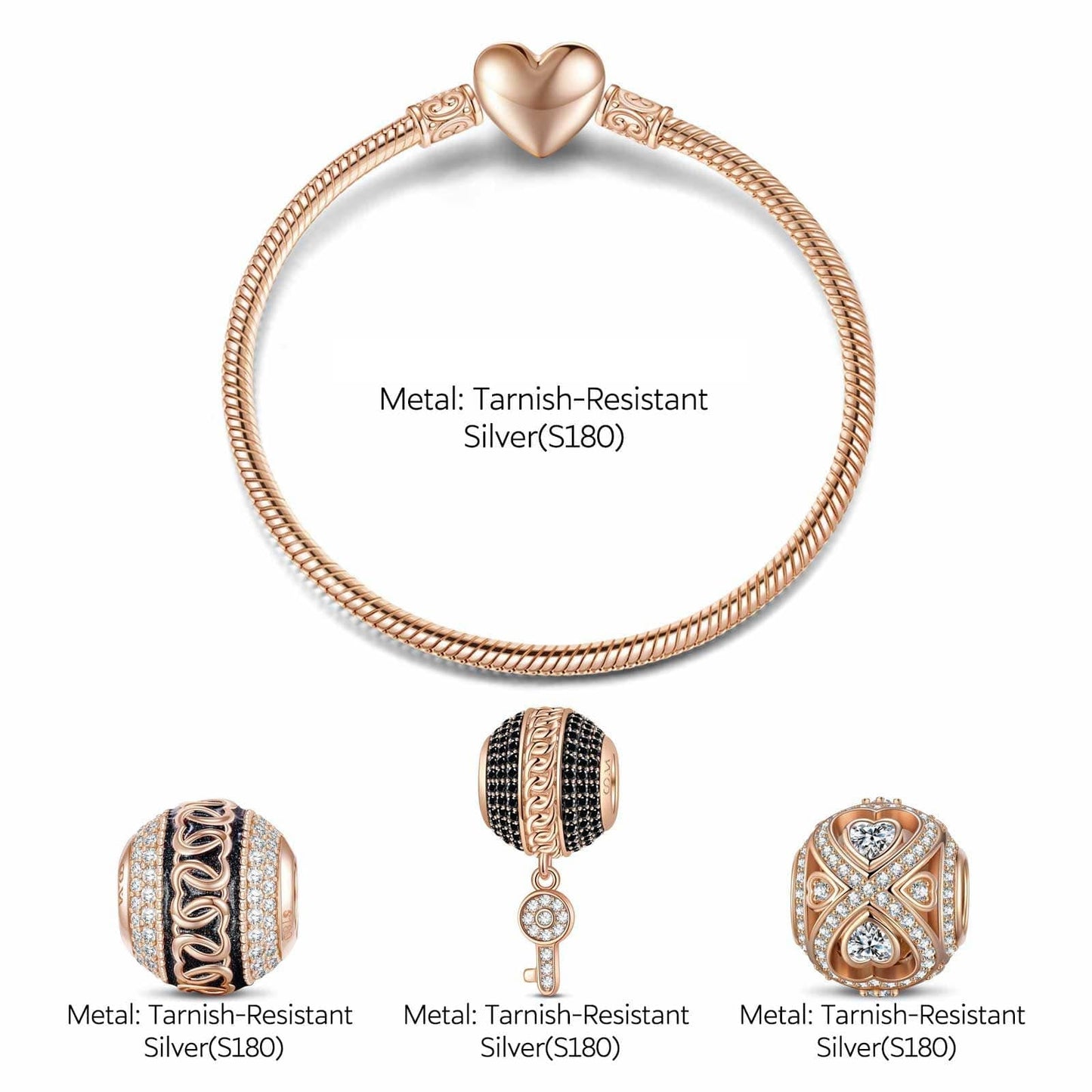 Key to Infinity Tarnish-resistant Silver Charms Bracelet Set With Enamel In Rose Gold Plated (Includes bracelet and all charms shown)