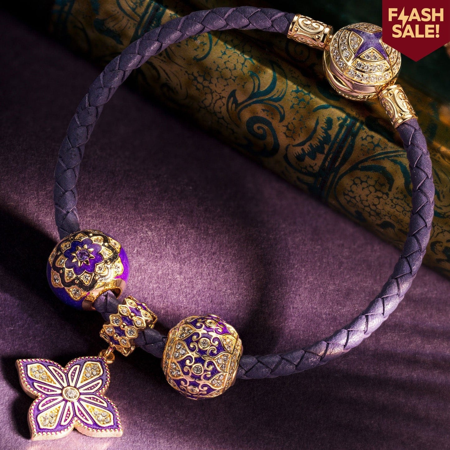 Sterling Silver First Blossoming Charms Bracelet Set With Enamel In 14K Gold Plated (Includes bracelet and all charms shown)