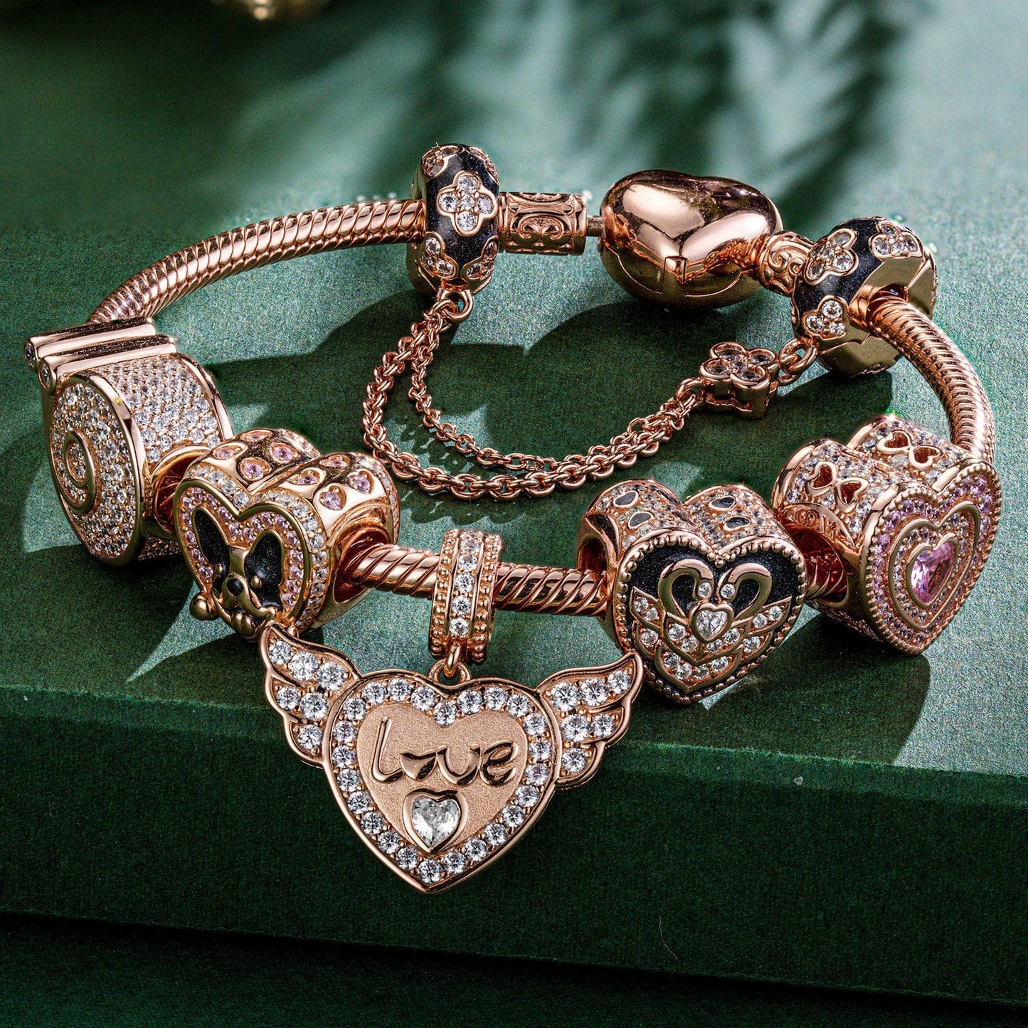 Inseparable Soulmates Tarnish-resistant Silver Animals Charms Bracelet Set With Enamel In Rose Gold Plated