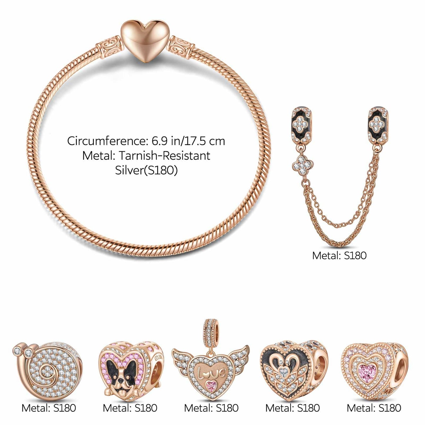 Inseparable Soulmates Tarnish-resistant Silver Animals Charms Bracelet Set With Enamel In Rose Gold Plated