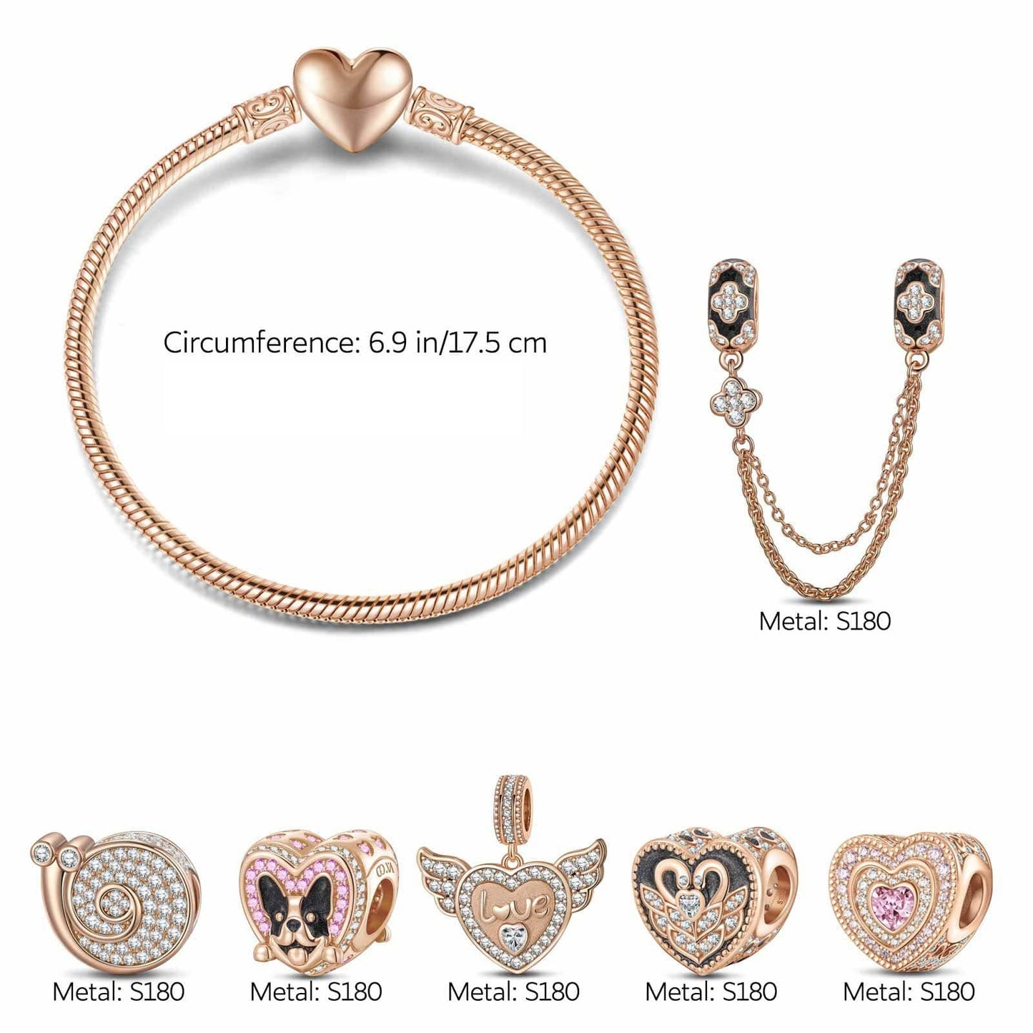 Inseparable Soulmates Tarnish-resistant Silver Animals Charms Bracelet Set With Enamel In Rose Gold Plated (Includes bracelet and all charms shown)