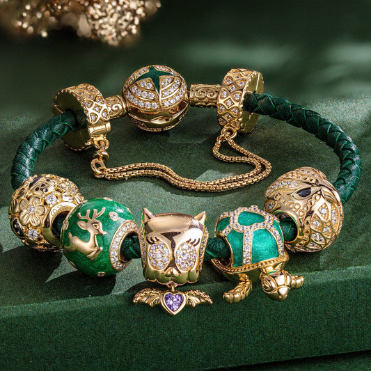 gona- Captivating Fauna Fantasy Tarnish-resistant Silver Animals Charms Bracelet Set With Enamel In 14K Gold Plated (Includes bracelet and all charms shown)