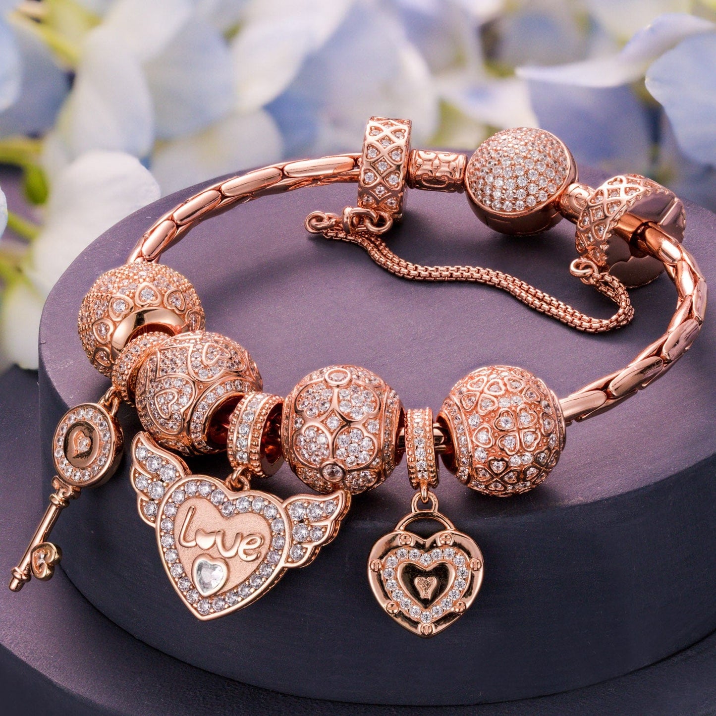 Endless Love Tarnish-resistant Silver Charms Bracelet Set In Rose Gold Plated (Includes bracelet and all charms shown)