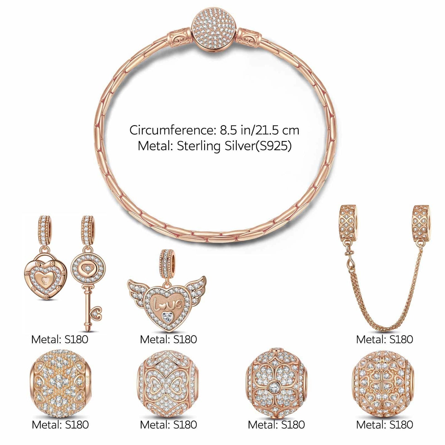 Endless Love Tarnish-resistant Silver Charms Bracelet Set In Rose Gold Plated (Includes bracelet and all charms shown)