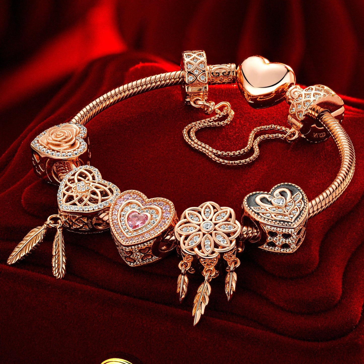 Rose Dreamcatcher Tarnish-resistant Silver Charms Bracelet Set In Rose Gold Plated