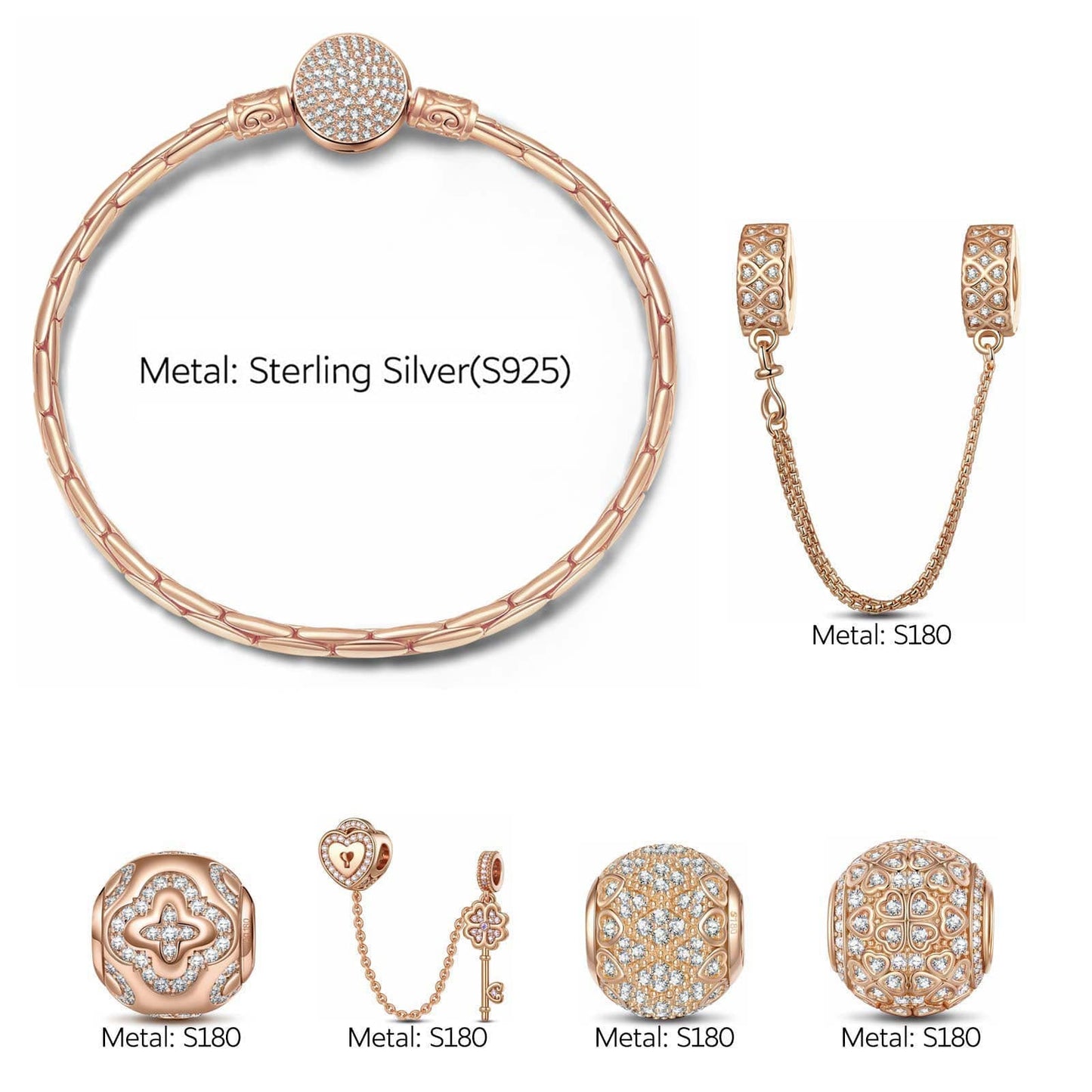 Key to Love Tarnish-resistant Silver Charms Bracelet Set In Rose Gold Plated (Includes bracelet and all charms shown)