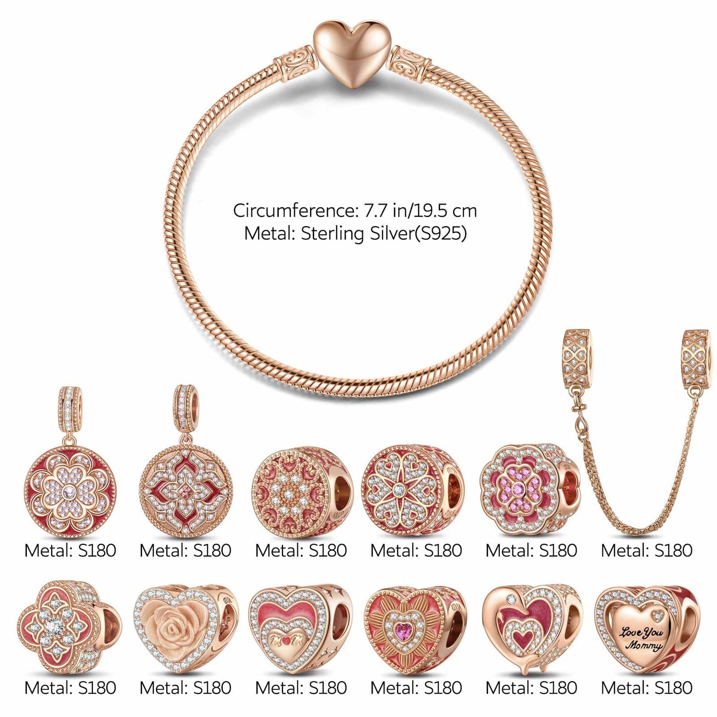 Sterling Silver Cherished Memories Charms Bracelet Set With Enamel In Rose Gold Plated (Includes bracelet and all charms shown)