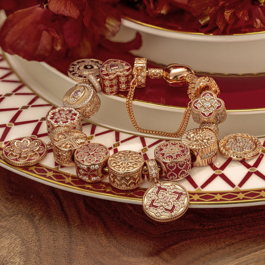 gon- Sterling Silver Forever Grateful Charms Bracelet Set With Enamel In Rose Gold Plated