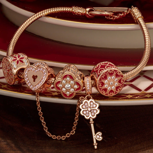 gona- Sterling Silver Key to the Blooming Heart Charms Bracelet Set With Enamel In Rose Gold Plated (Includes bracelet and all charms shown)