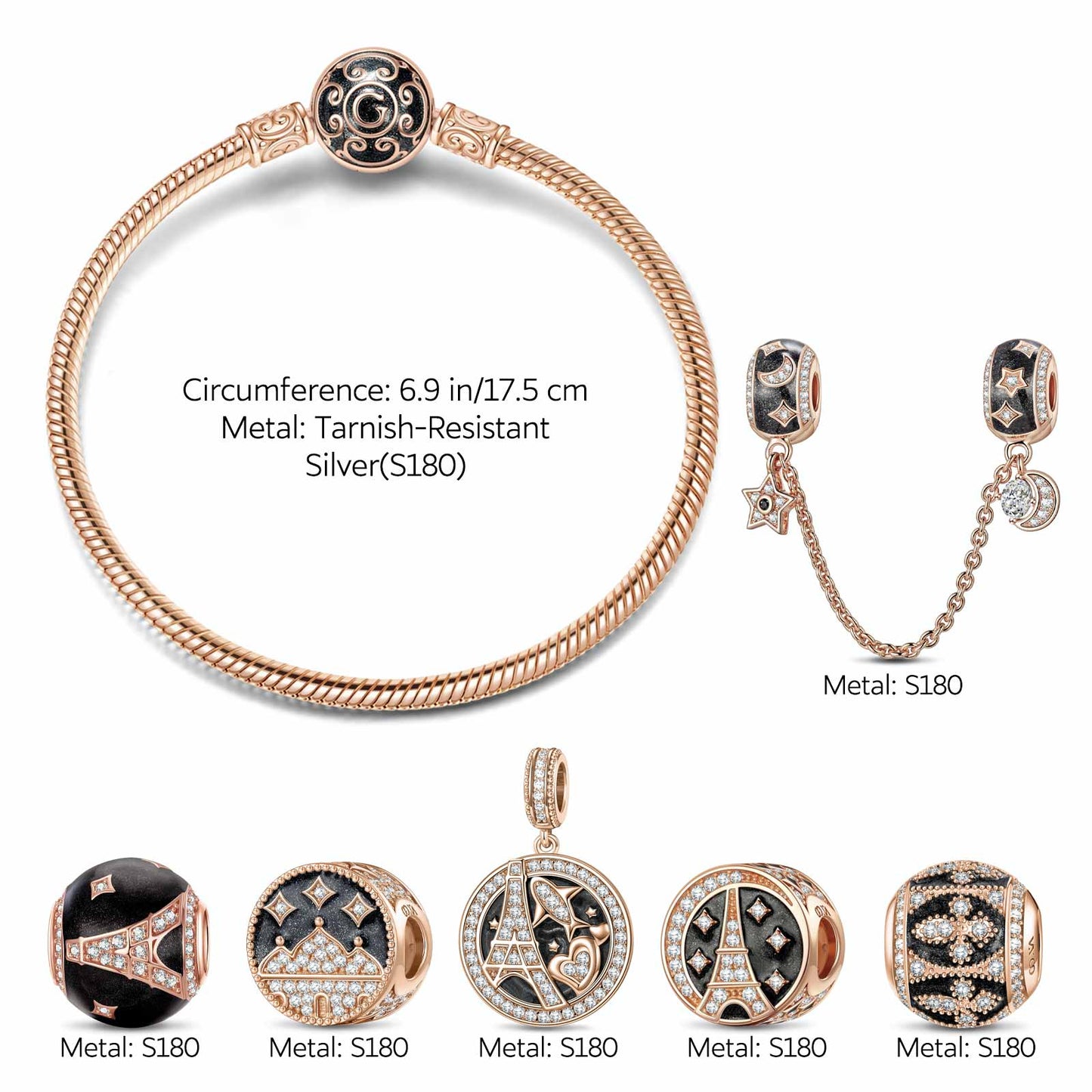 Sterling Silver Mysterious Allure Charms Bracelet Set With Enamel In Rose Gold Plated