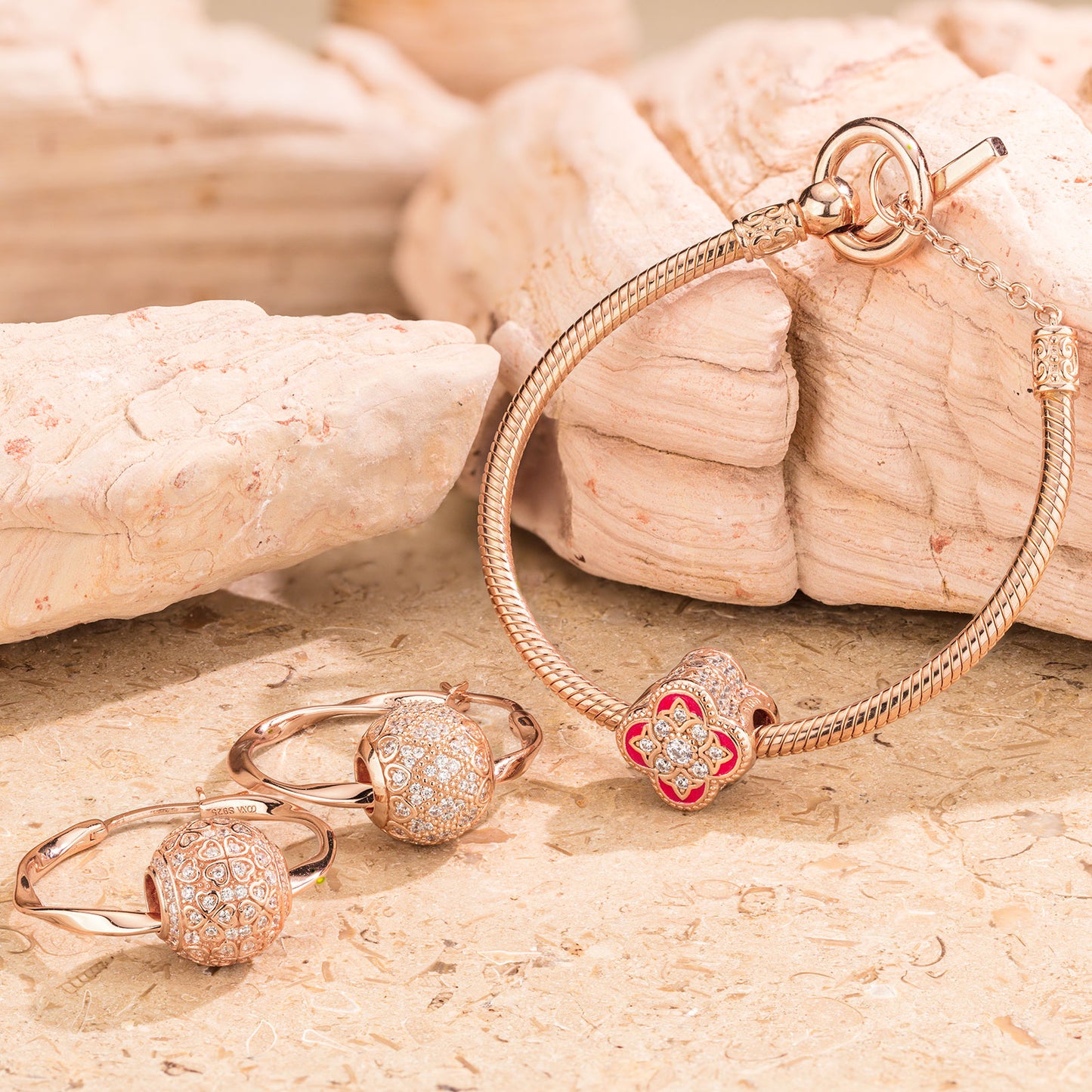Rose Heart Tarnish-resistant Silver Charms Bracelet and Earrings Set With Enamel In Rose Gold Plated