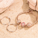 Rose Heart Tarnish-resistant Silver Charms Bracelet and Earrings Set With Enamel In Rose Gold Plated