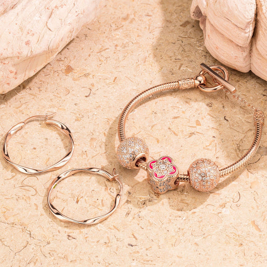 gon- Rose Heart Tarnish-resistant Silver Charms Bracelet and Earrings Set With Enamel In Rose Gold Plated