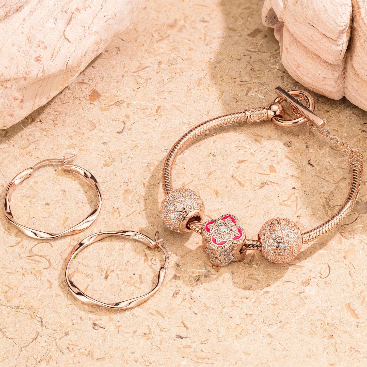 Rose Heart Tarnish-resistant Silver Charms Bracelet and Earrings Set With Enamel In Rose Gold Plated