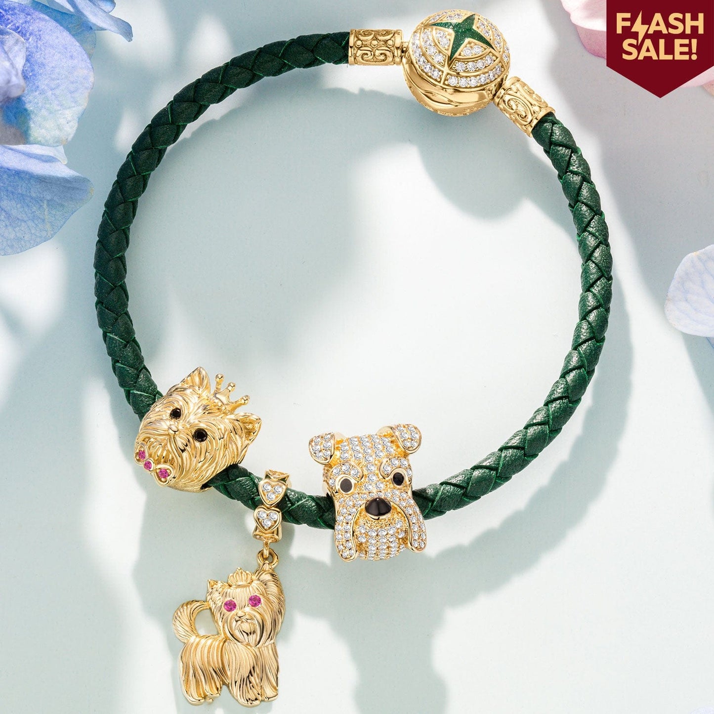Sterling Silver Green Fetch Charms Bracelet Set In 14K Gold Plated(Includes bracelet and all charms shown)