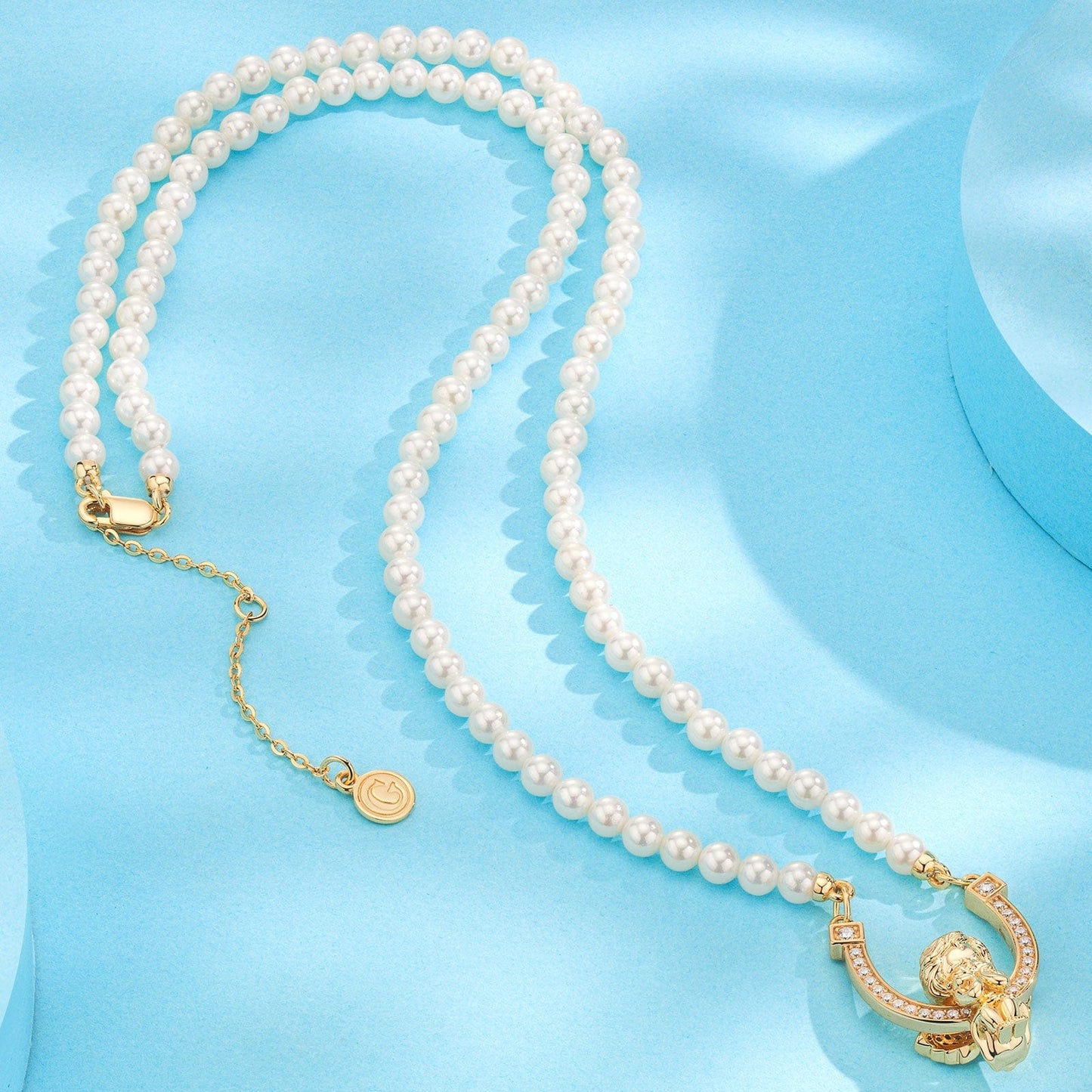 Horseshoe Tarnish-resistant Silver Pearl Necklace Little Angel Charms Necklace Set In 14K Gold Plated