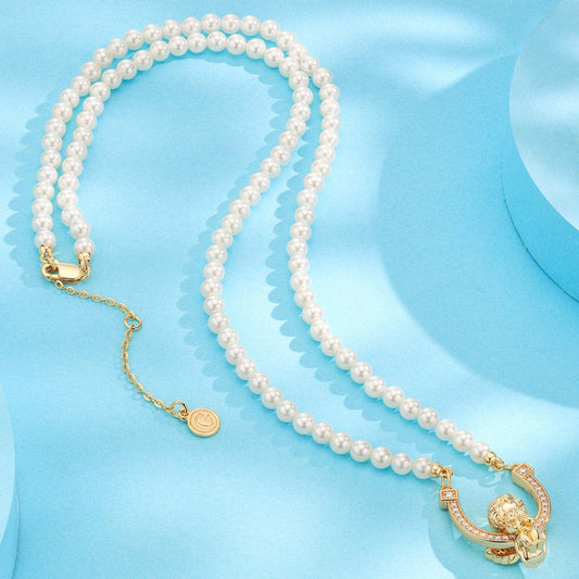 gona- Horseshoe Tarnish-resistant Silver Pearl Necklace Little Angel Charms Necklace Set In 14K Gold Plated