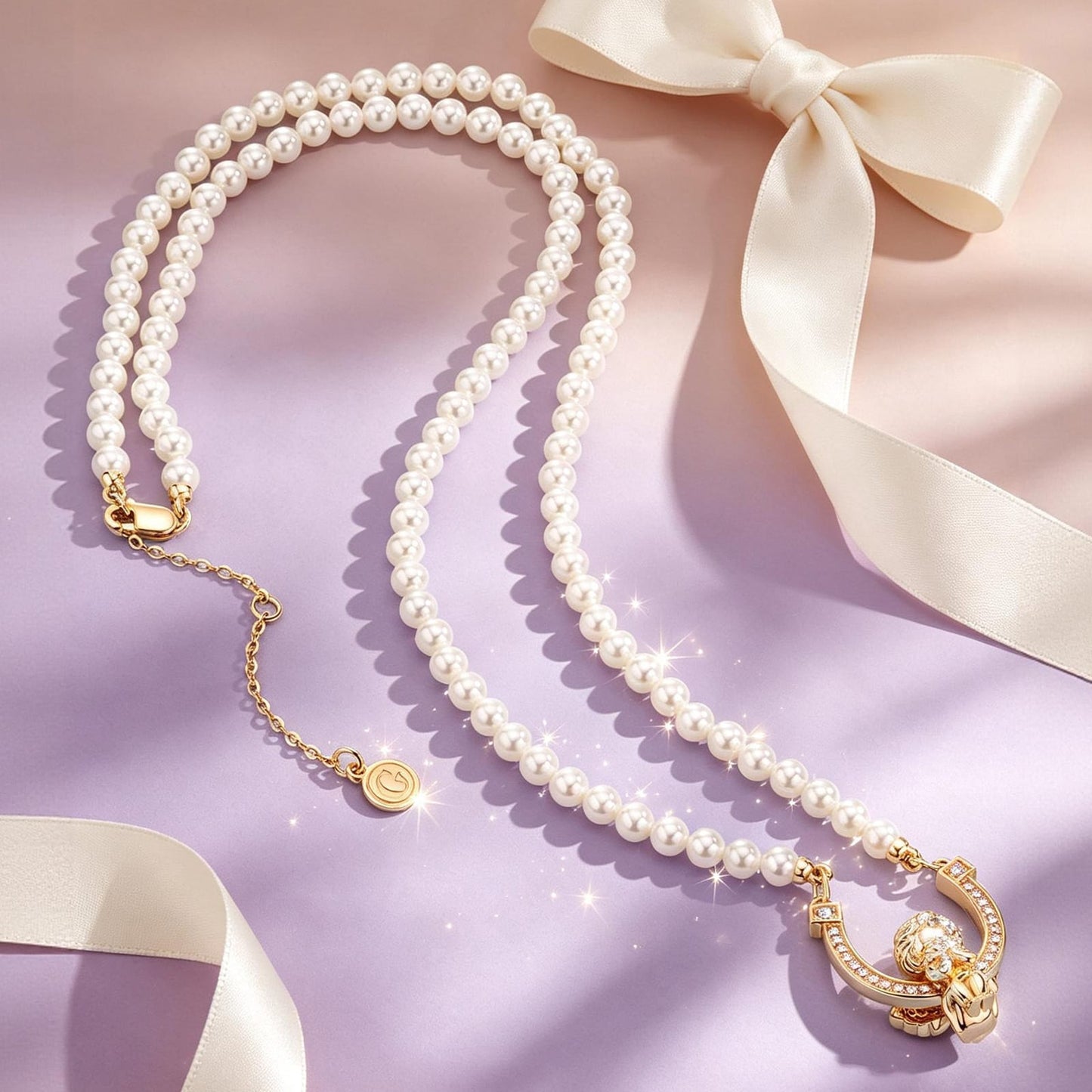 Horseshoe Tarnish-resistant Silver Pearl Necklace Little Angel Charms Necklace Set In 14K Gold Plated