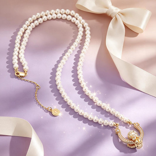 gona- Horseshoe Tarnish-resistant Silver Pearl Necklace Little Angel Charms Necklace Set In 14K Gold Plated