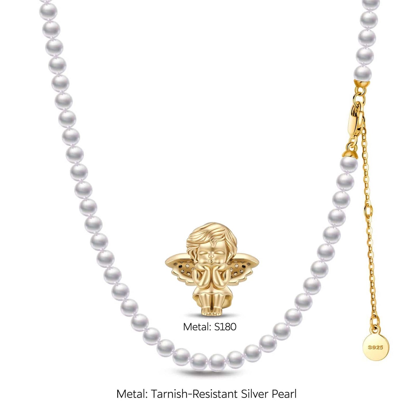 Horseshoe Tarnish-resistant Silver Pearl Necklace Little Angel Charms Necklace Set In 14K Gold Plated