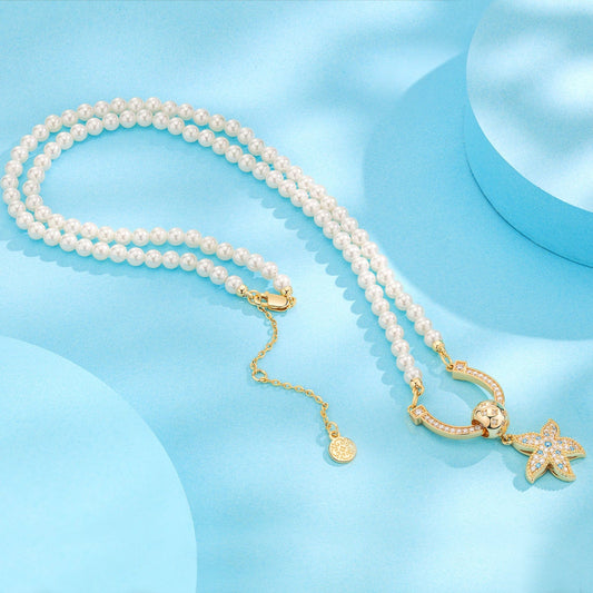 gona- Horseshoe Tarnish-resistant Silver Pearl Necklace Starfish Charms Necklace Set In 14K Gold Plated