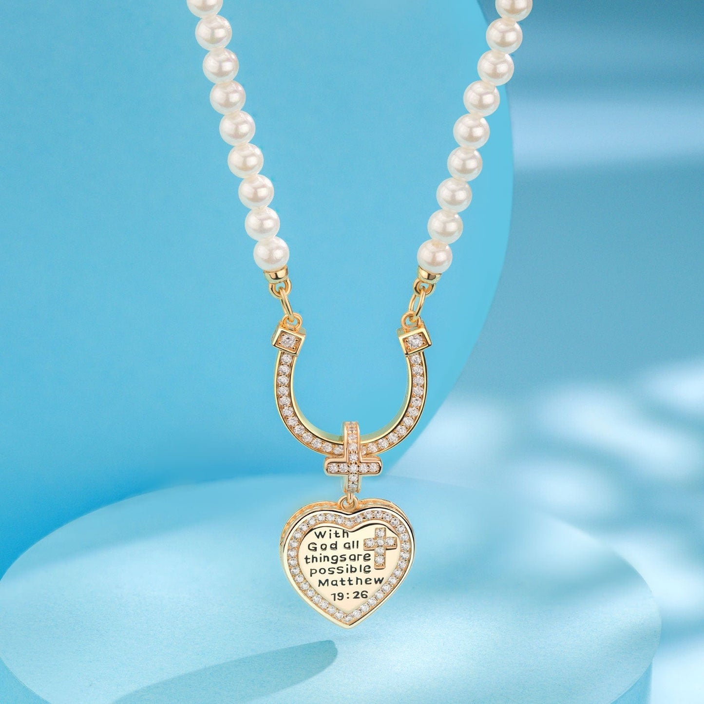 Horseshoe Tarnish-resistant Silver Pearl Necklace God's Love Charms Necklace Set In 14K Gold Plated