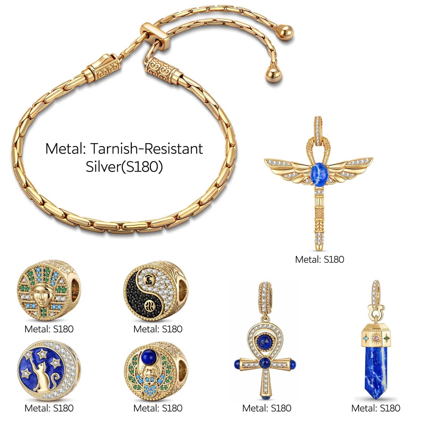 Ankh & Scarab Lapis Lazuli Talismans Tarnish-resistant Silver Bracelet - Adjustable Bamboo-Link Chain, Easy One-Hand Fit (Includes Bracelet & All Charms Shown)
