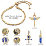 Ankh & Scarab Lapis Lazuli Talismans Tarnish-resistant Silver Bracelet - Adjustable Bamboo-Link Chain, Easy One-Hand Fit (Includes Bracelet & All Charms Shown)
