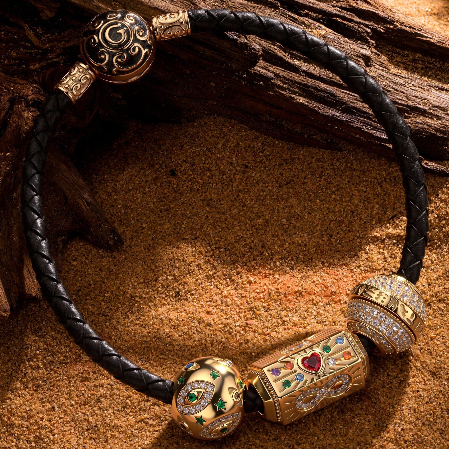 Sterling Silver Arcane Symbols Charms Bracelet Set In 14K Gold Plated (Includes bracelet and all charms shown)