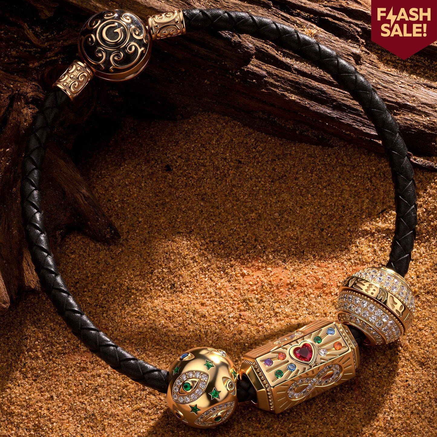 Sterling Silver Arcane Symbols Charms Bracelet Set In 14K Gold Plated (Includes bracelet and all charms shown)