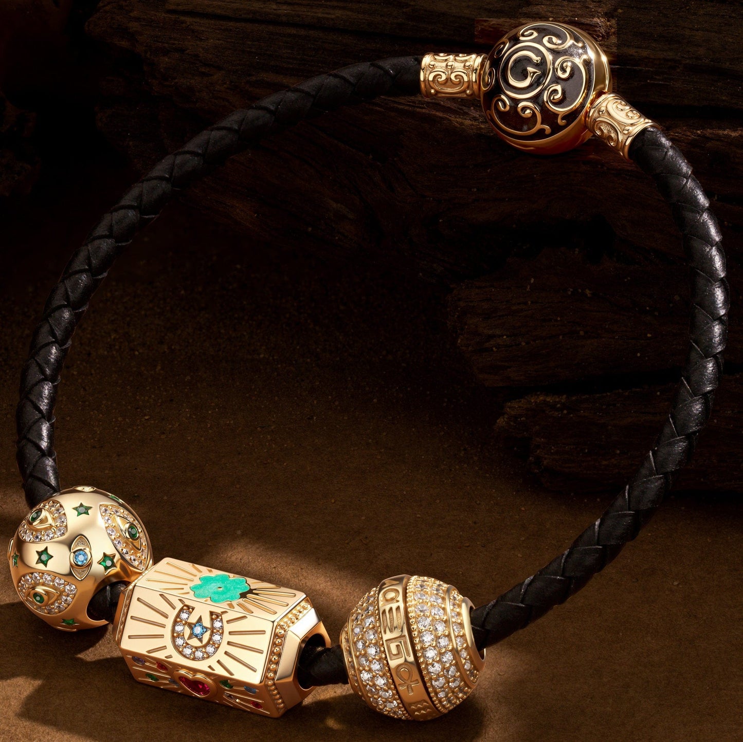 Sterling Silver Arcane Symbols Charms Bracelet Set In 14K Gold Plated (Includes bracelet and all charms shown)