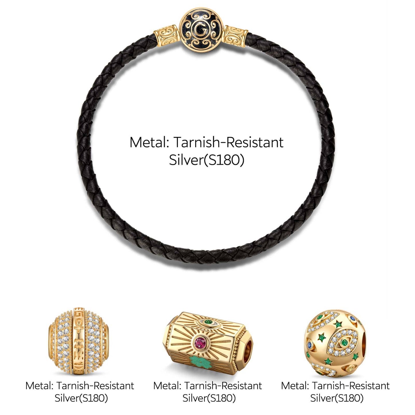 Sterling Silver Arcane Symbols Charms Bracelet Set In 14K Gold Plated (Includes bracelet and all charms shown)