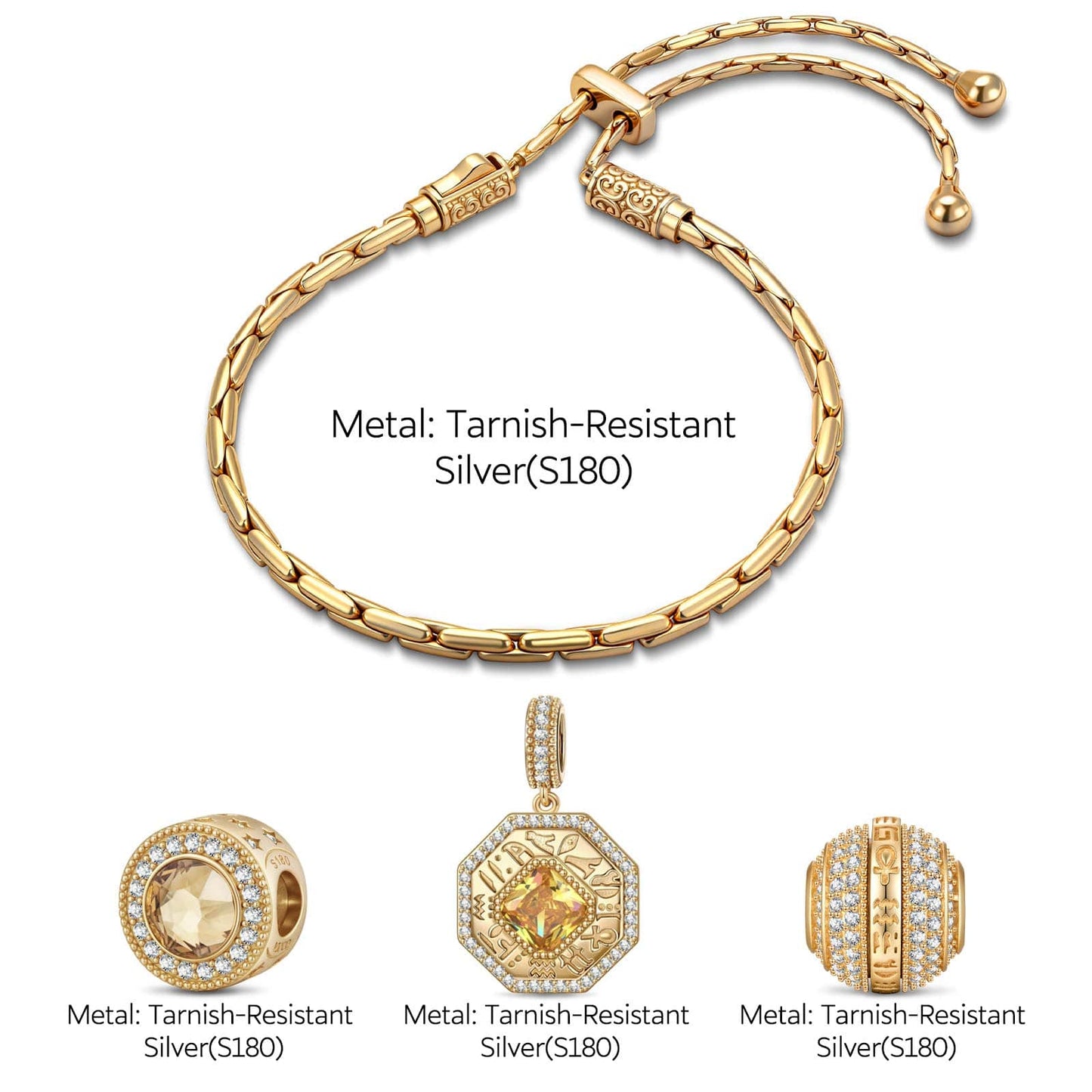 Sterling Silver Sanctified Amulet Charms Bracelet Set In 14K Gold Plated (Includes bracelet and all charms shown)