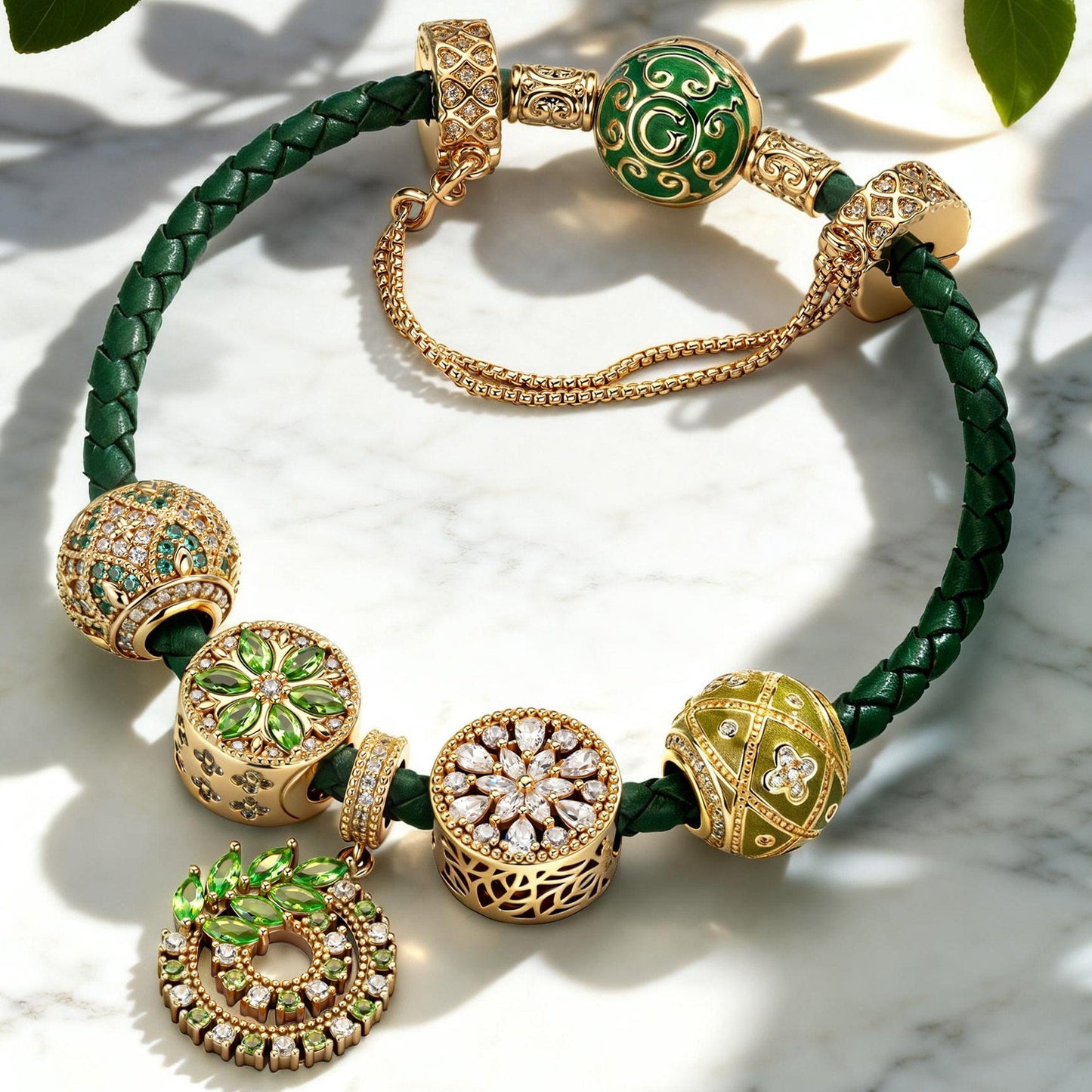 Enchanted Forest Glow Leather Bracelet with Tarnish-Resistant Silver Accents and Charms (Includes bracelet and all charms shown)