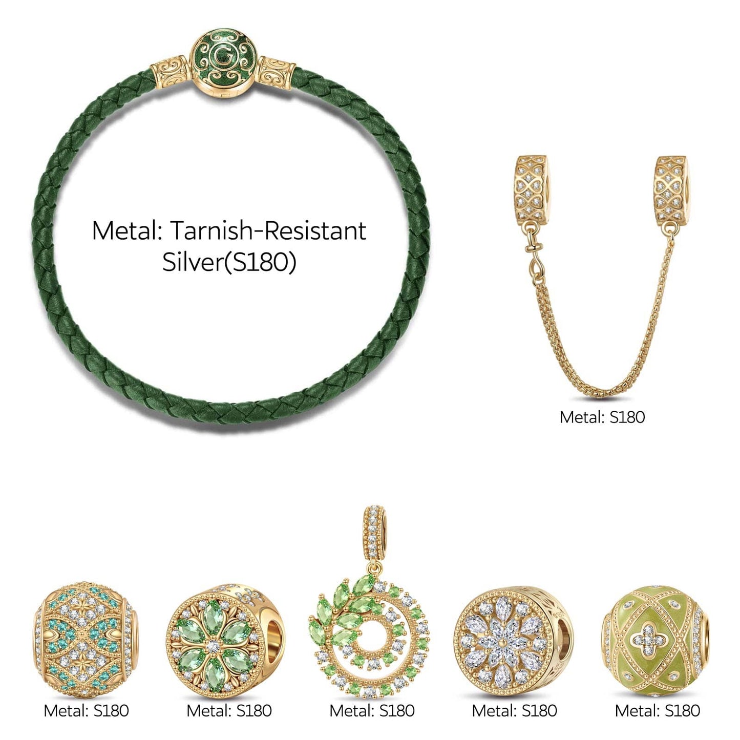 Enchanted Forest Glow Leather Bracelet with Tarnish-Resistant Silver Accents and Charms (Includes bracelet and all charms shown)