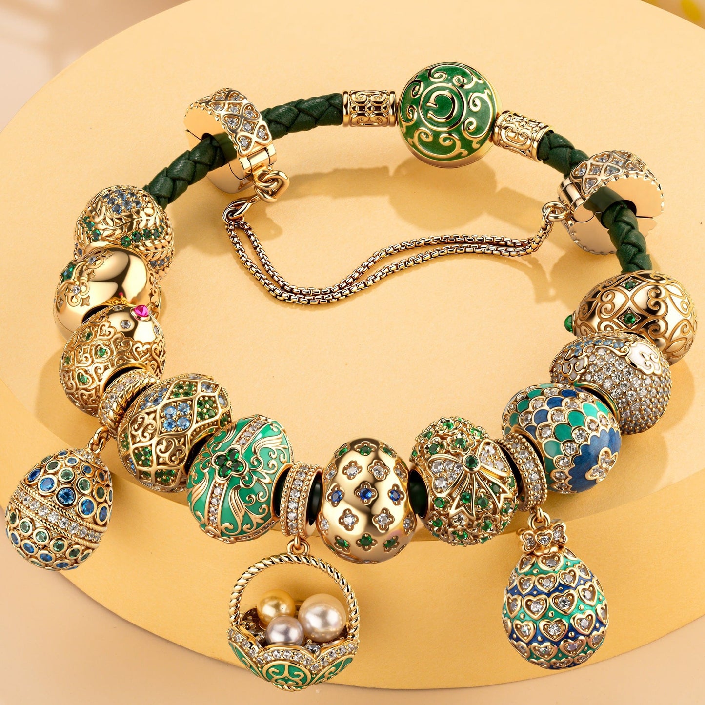 Enchanted Forest Easter Egg Tarnish-Resistant Silver Leather Charms Bracelet Set In 14K Gold Plated (Includes bracelet and all charms shown)