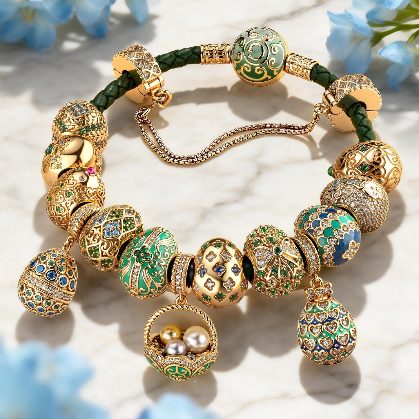 Enchanted Forest Easter Egg Tarnish-Resistant Silver Leather Charms Bracelet Set In 14K Gold Plated (Includes bracelet and all charms shown)
